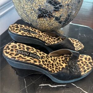 Bisou Bisou Black Wedge Shoes with Leopard Print New without box never worn.